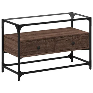 vidaXL Szafka pod TV ze szklanym blatem brązowy dąb 80x35x51 cm materiał drewnopochodny - Szafki RTV - miniaturka - grafika 1