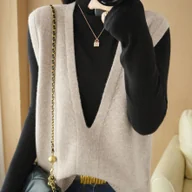 Swetry damskie - TEMU Damski Bezrękawnik z Głębokim Dekoltem w Serek - Zimowa Ciepła Brąz/Czarny/Beżowy/Szary, Miękki Elastyczny Kurtka Warstwująca o Luźnym Kroju do - miniaturka - grafika 1