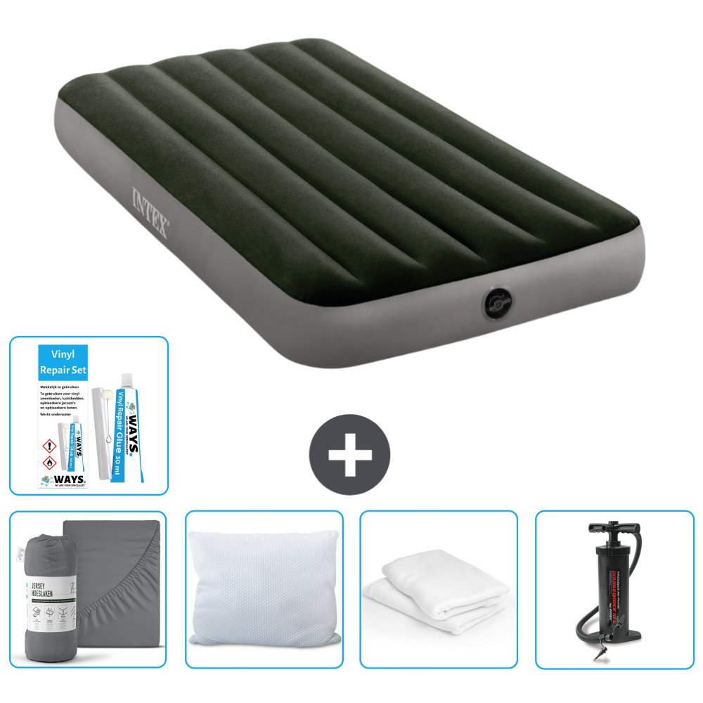 Dmuchane łóżko Intex - 1 osoba - 99 x 191 x 25 cm - zielone - w zestawie prześcieradło - pocałunek - pompka - zestaw naprawczy en ochraniacz na poduszkę
