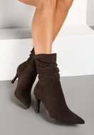 Botki damskie - Brązowe Botki na Niskiej Szpilce z Imitacji Zamszu z Marszczoną Cholewką Saviraen - miniaturka - grafika 1