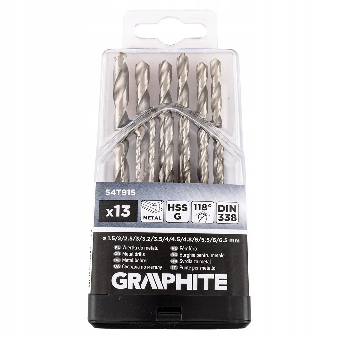Wiertła do metalu HSS-G, 1,5-6,5 mm, zestaw 13 szt., GRAPHITE 54T915