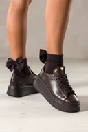 Półbuty damskie - Czekoladowe sneakersy skórzane damskie buty sportowe na platformie złote serce na języku sznurowane PRODUKT POLSKI Casu 8201 - miniaturka - grafika 1