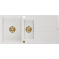 Zlewozmywaki - Mexen Andres zlewozmywak granitowy 1,5-komorowy z ociekaczem 1000 x 500 mm, biały, syfon złoty - miniaturka - grafika 1