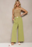 Spodnie damskie - Jasnozielone Spodnie z Szerokimi Nogawkami w Stylu Palazzo High Waist z Gumką w Pasie z Ozdobnym Elementem Ellsiana - miniaturka - grafika 1