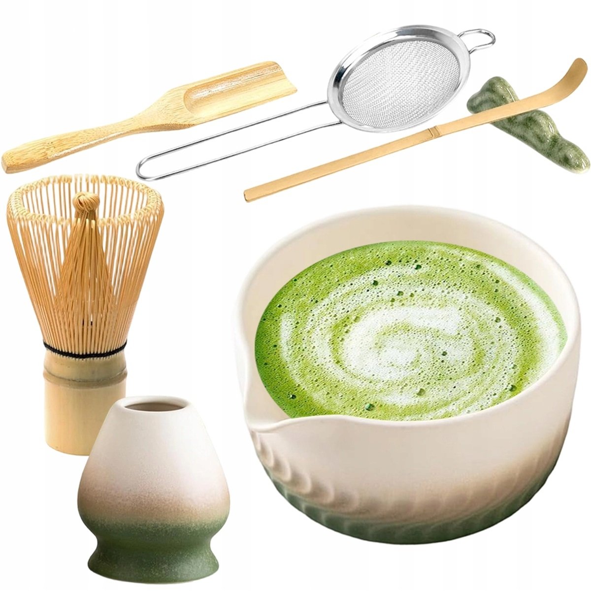 7-częściowy ceramiczny zestaw do matcha z bambusową trzepaczką zielony