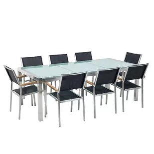Beliani Stół szklany - do ogrodu - 220 cm - z 8 czarnymi krzesłami - GROSSETO - Meble ogrodowe - miniaturka - grafika 1