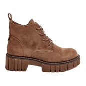 Botki damskie - Sergio Leone Zamszowe Ocieplane Botki Sznurowane Ciemnobeżowe Bjorg beżowy - miniaturka - grafika 1