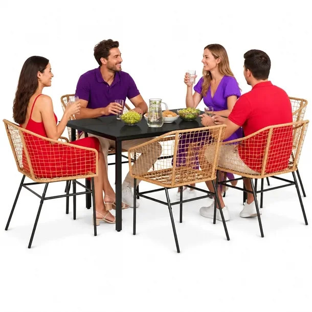 Zestaw mebli ogrodowych: stół 160x80x74 cm czarny, 6 krzeseł brązowych