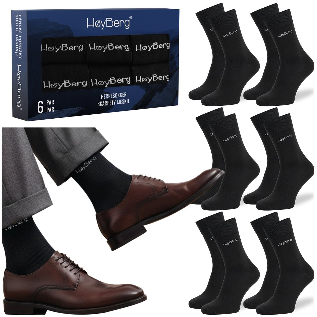 HøyBerg Skarpety Męskie Garniturowe 6 Par Długie Bawełniane Czarne 39-42