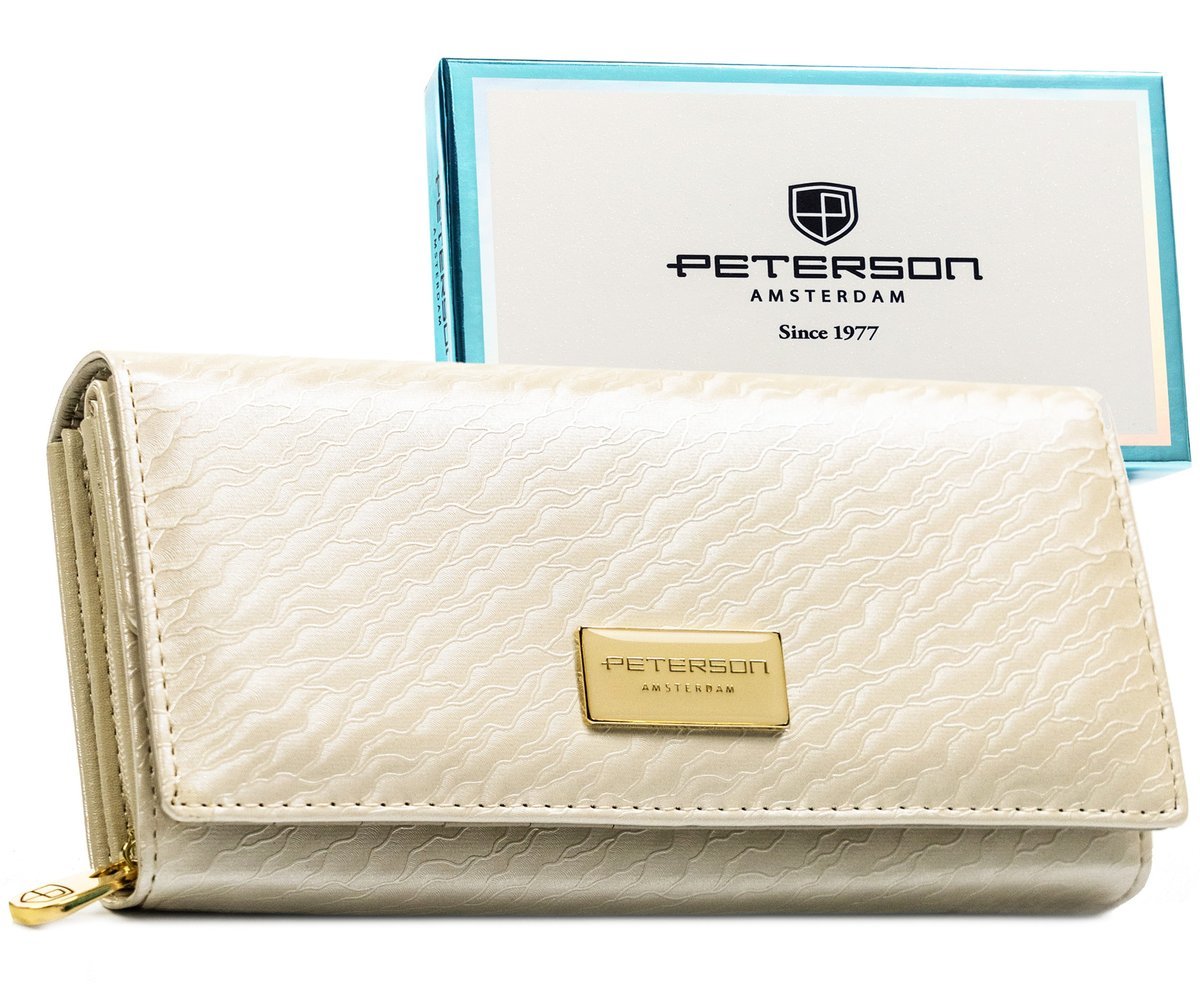 Portfel damski na karty skórzany beżowy PETERSON duży rozbudowany na zatrzask klasyczny rfid stop modny