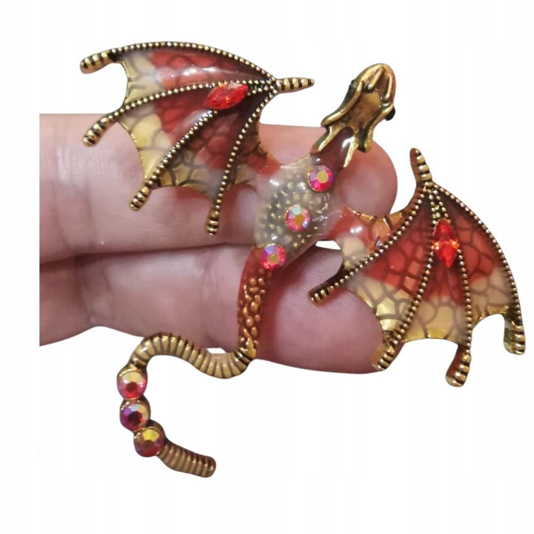 Broszka Smok Czerwono-Złoty z Kryształkami Magiczny Urok Fantasy