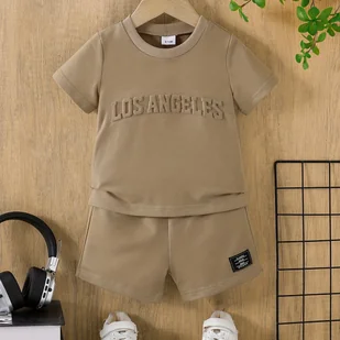 TEMU Męska Moda Casual Set: Khaki, T-shirt z krótkim rękawem z nadrukiem "Los Angeles" i dopasowane szorty z czarnym naklejką - Miękki, oddychający - Dresy i komplety dla chłopców - miniaturka - grafika 1