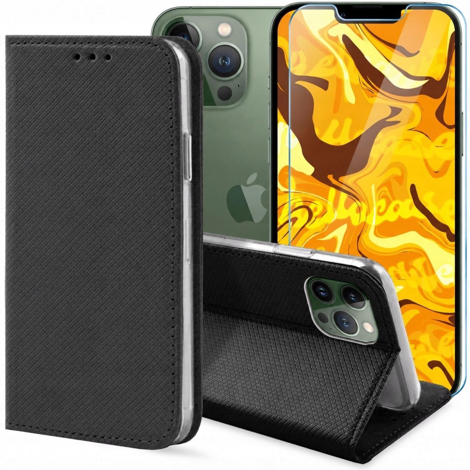 Hello Case Etui z Klapką Do Apple iPhone 13 Pro Max Czarne, Zamykane, Kabura Szkło BNDL1212