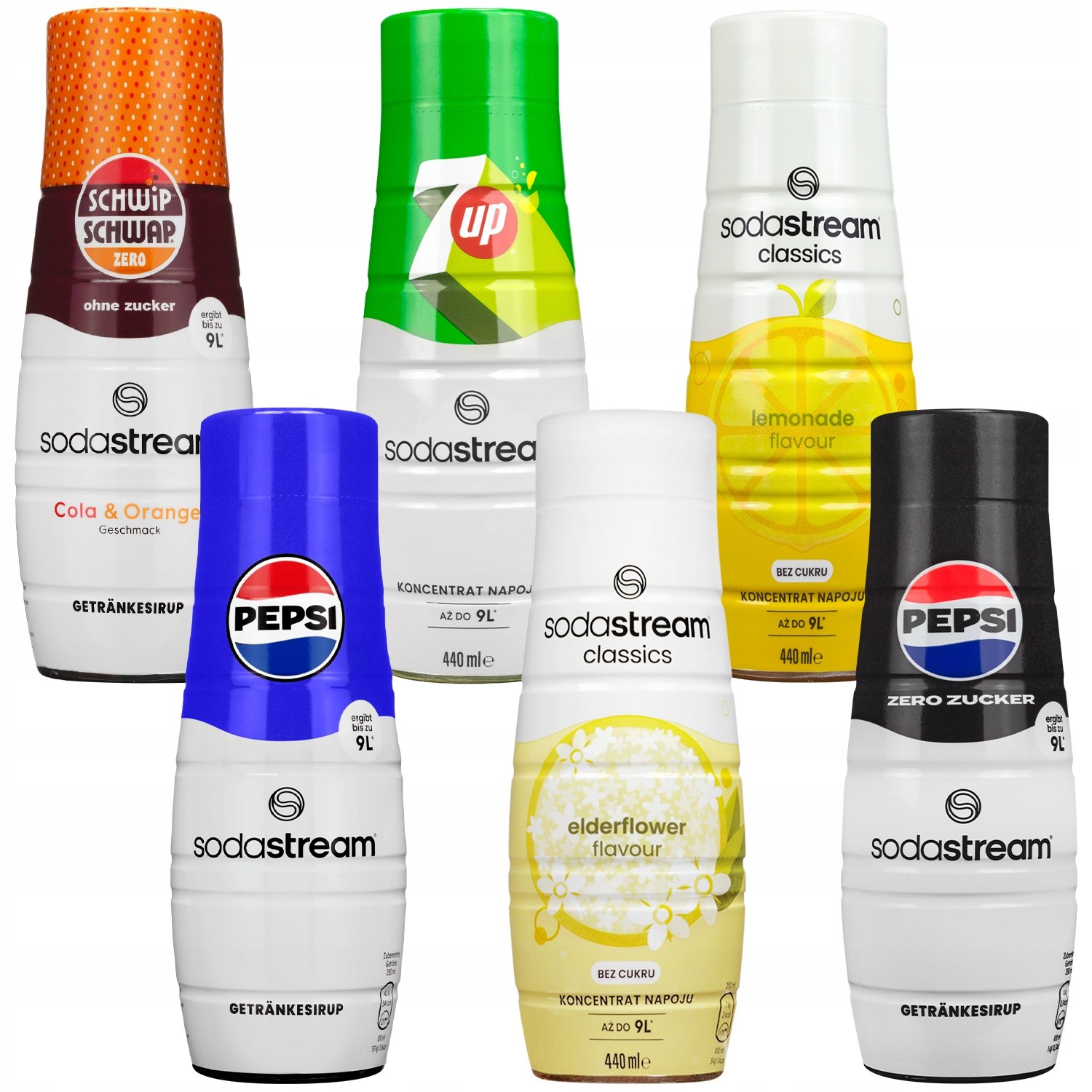 6x Syrop do SodaStream 440ml - Pepsi, Pepsi Max Bez Cukru, 7UP, Schwip Schwap Bez Cukru, Elderflower Zero, Lemon Zero