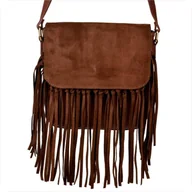 Torebki damskie - Vera Pelle włoska listonoszka z frędzlami skóra naturalna zamszowa i licowa koniak brąz - miniaturka - grafika 1