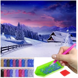 Haft Diamentowy ARTULIO, Obraz DIY 5D, Diamond Painting, Mozaika diamentowa 30x40cm (Górska chatka w zimowy wieczór) + zestaw akcesoriów - Malowanie po numerach - miniaturka - grafika 1