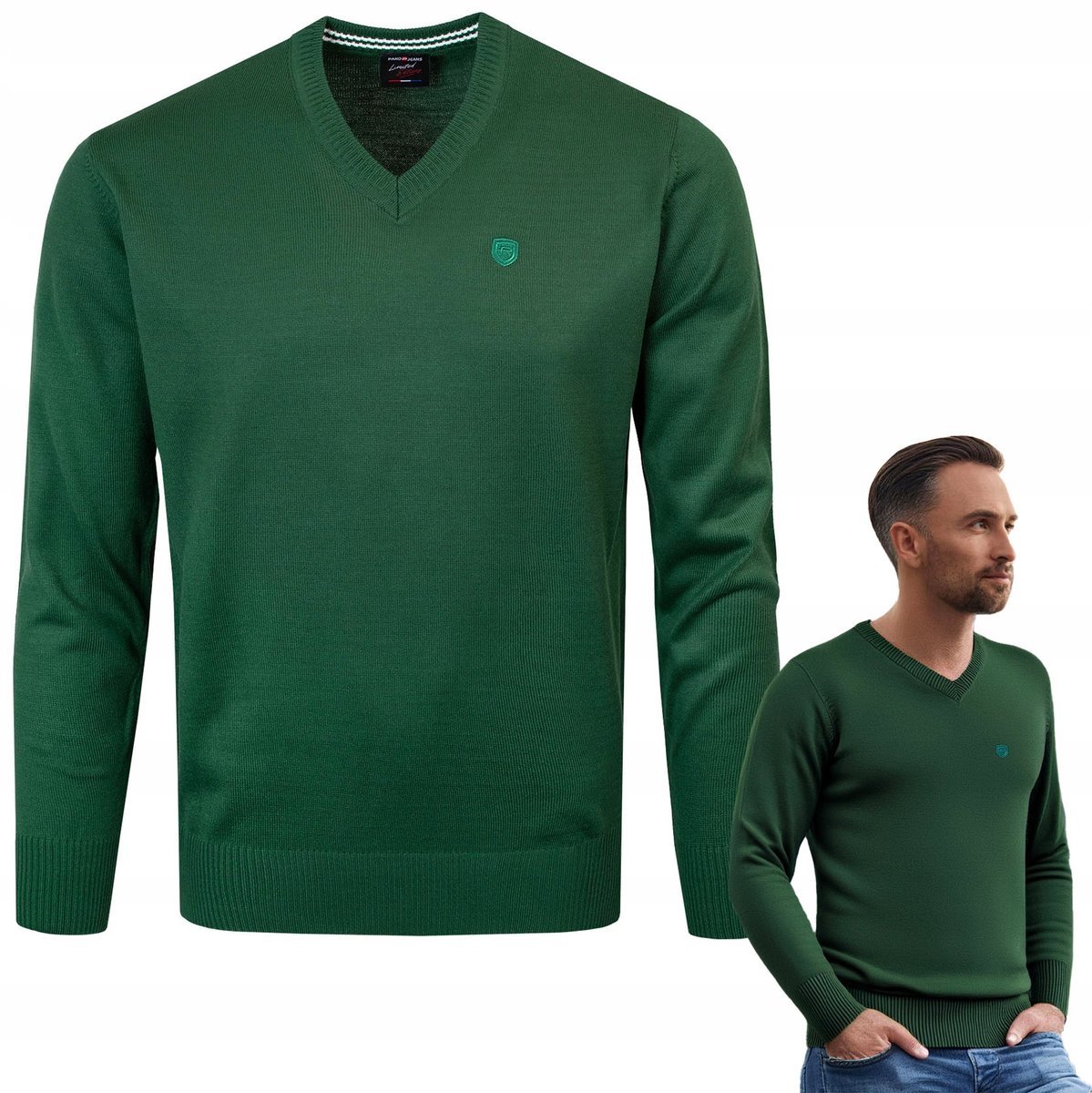 SWETER Męski w Serek Elegancki Gładki ZIELONY M Pako Jeans