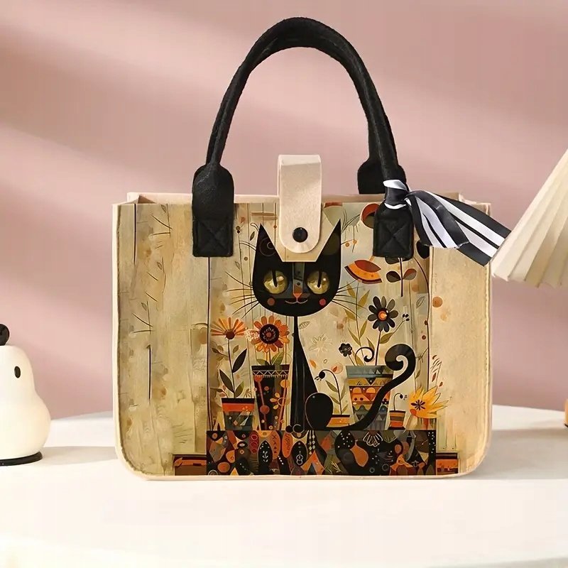 Torebka filcowa BOHO ART etniczna z czarnym kotem beżowa do ręki KOT KOTEK
