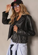 Kurtki damskie - Czarna Kurtka Typu Ramoneska Zdobiona Kontrastowymi Przeszyciami i Nitami Adivona - miniaturka - grafika 1