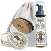 Zestawy kosmetyków męskich - Zestaw do pielęgnacji brody Wood and Spice - Reuzel balsam do brody, Reuzel pianka do brody oraz mały kartacz do brody marki ZEW - miniaturka - grafika 1