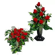 Sztuczne kwiaty - RÓŻE czerwone SERCE (662.4) KOMPLET stroik + bukiet we wkładzie  na grób cmentarz - miniaturka - grafika 1