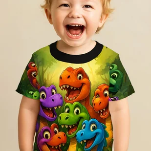 TEMU Dziecięcy chłopczyk 3D Cartoon Dino Gang T-shirt – Jasny letni top z krótkim rękawem z zabawnym nadrukiem przyjaciół dinozaurów – Miękki lekki - Koszulki dla chłopców - miniaturka - grafika 1