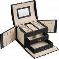 Pudełka i szkatułki - SZKATUŁKA NA BIŻUTERIĘ 3 SZUFLADKI CZARNA KUFEREK PUDEŁKO ORGANIZER BOX - miniaturka - grafika 1