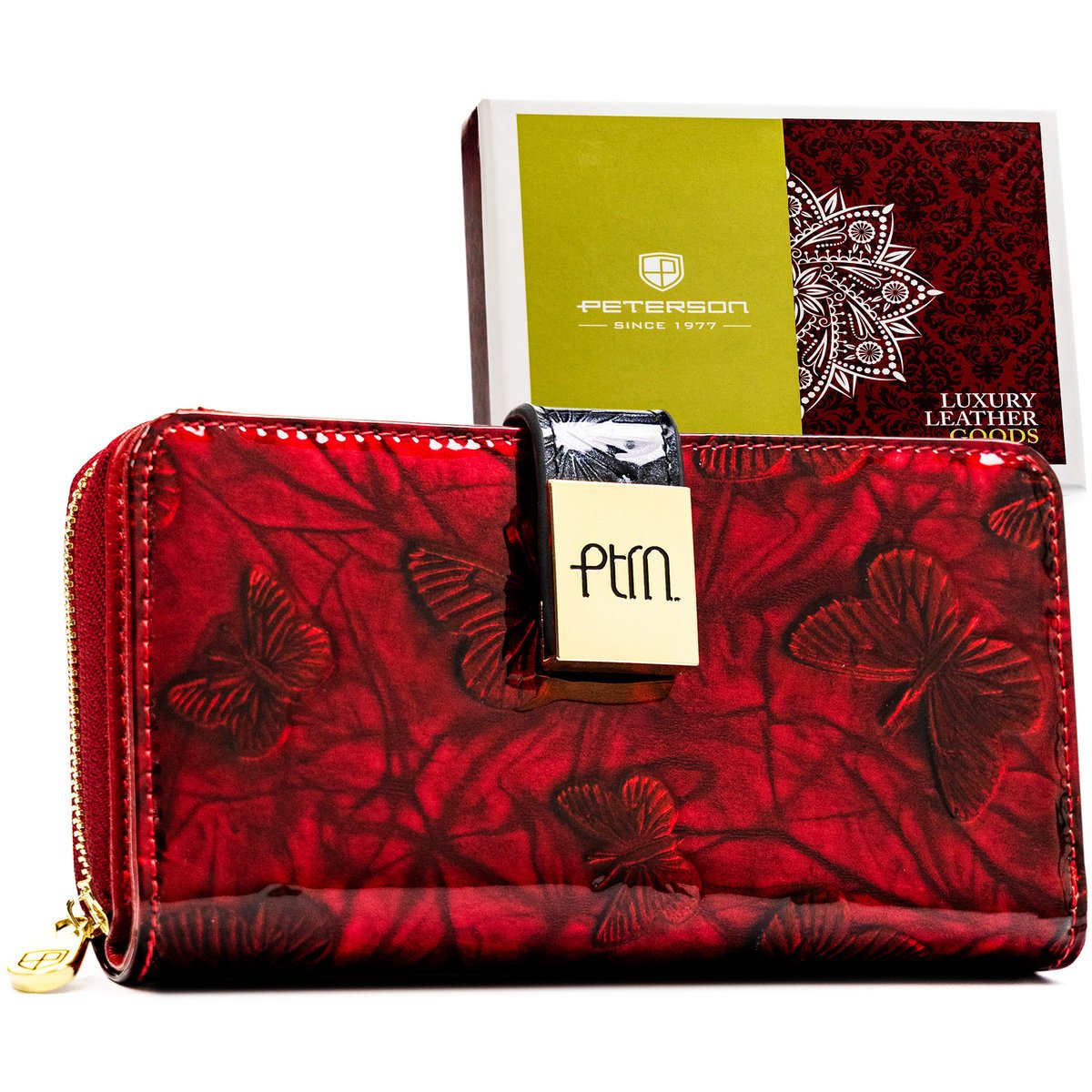 Portfel damski na karty PETERSON skórzany lakierowany pionowy na zatrzask i suwak ochrona RFID elegancki czerwony - czarny