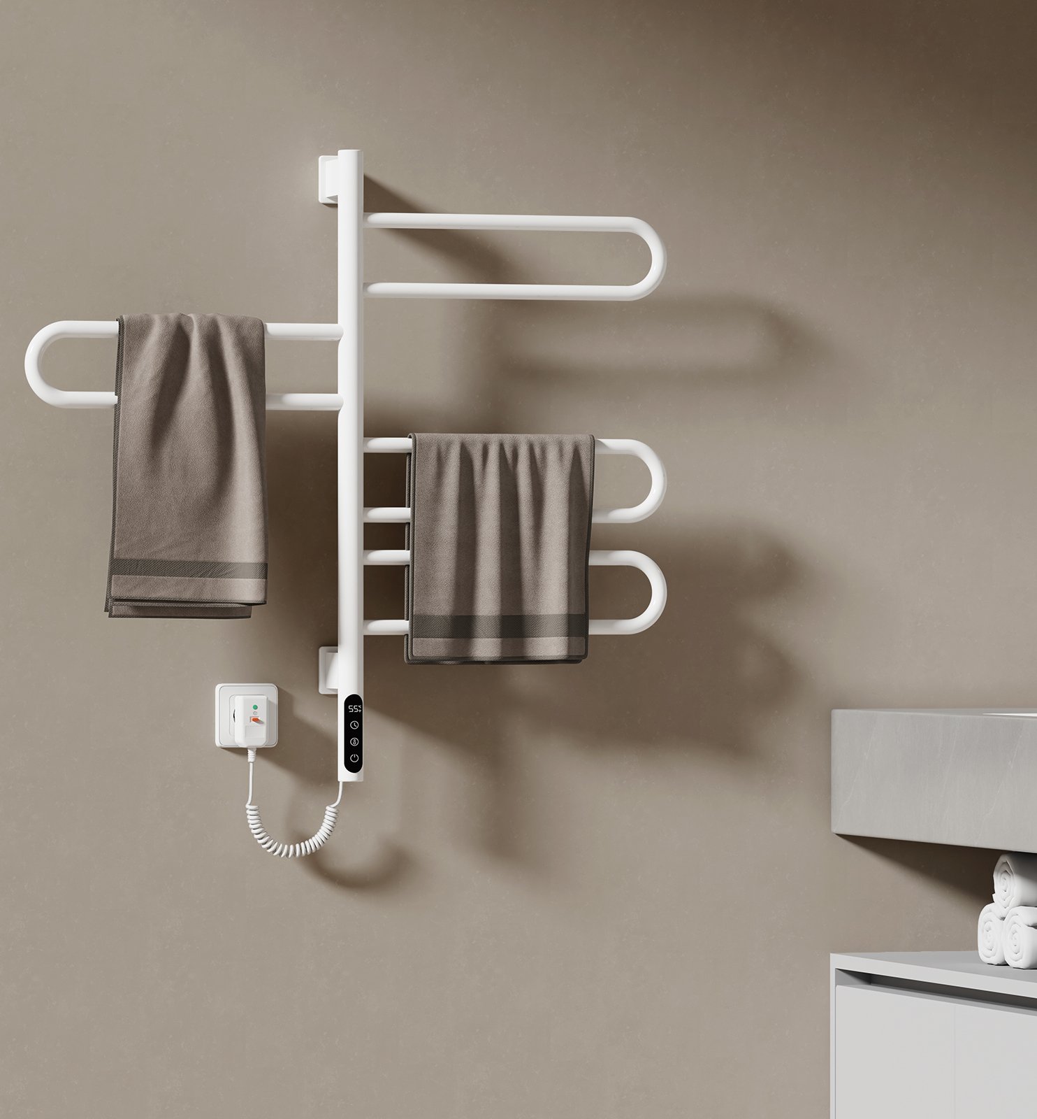 Elektryczna suszarka do ręczników EMKE 780 x 430 x 90 mm Inteligentny asymetryczny grzejnik łazienkowy 170 W Biały grzejnik Obrotowy podgrzewacz do ręczników