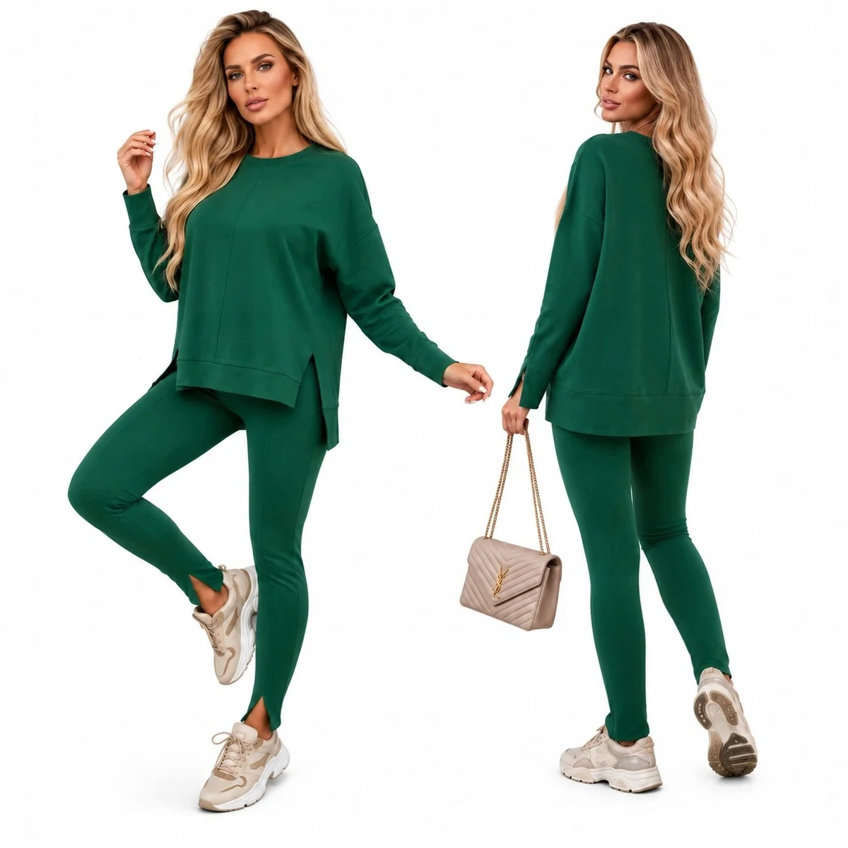 DAMSKI KOMPLET ZIELONY WYGODNY ZESTAW DRESOWY BLUZA LEGGINSY ELEGANCKI