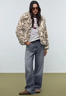 Stradivarius Kurtka ze sztucznego futra w panterkę Ecru M - Kurtki damskie - miniaturka - grafika 1