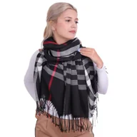Apaszki i szaliki damskie - Szal Damski W Kratę British Plaid Czarny Z Frędzlami - miniaturka - grafika 1