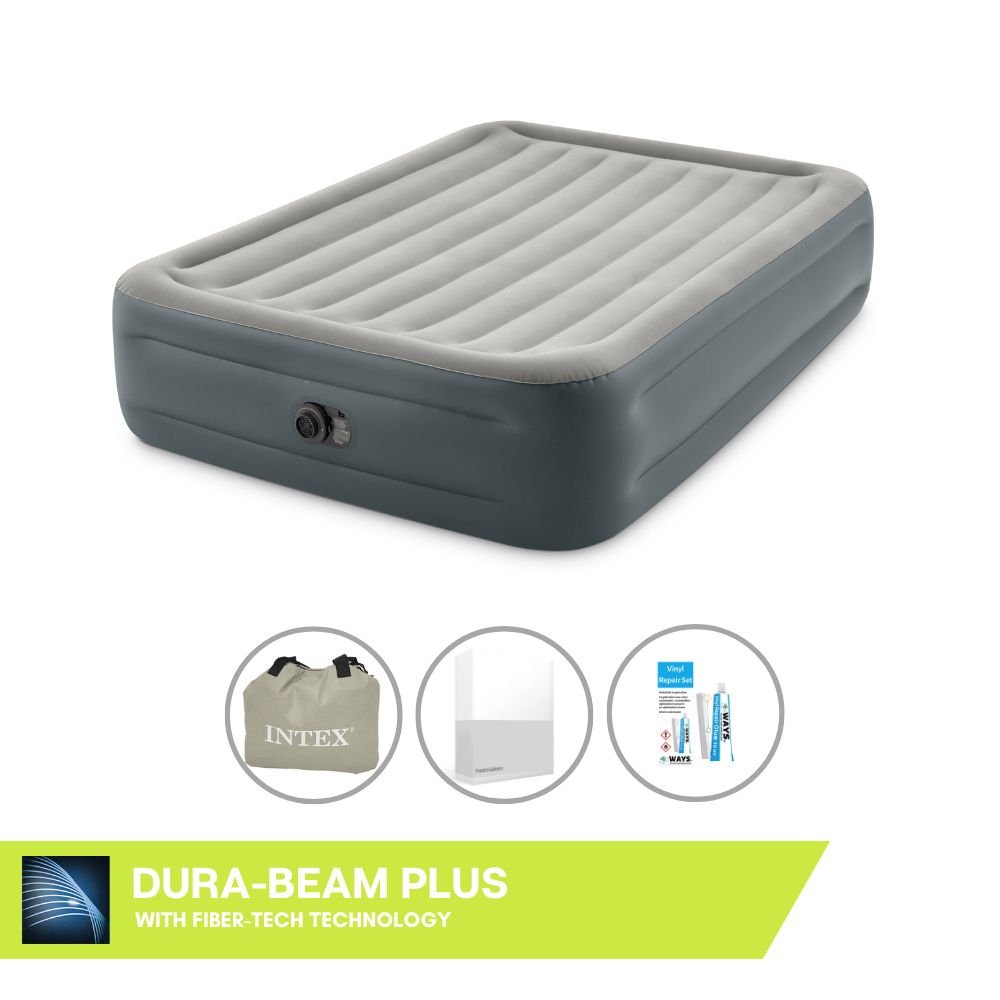 Łóżko dmuchane Intex - 2 osoby - 152 x 203 x 46 cm - Szare - Z wbudowaną pompką + prześcieradło białe + zestaw naprawczy