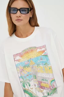 Koszulki sportowe damskie - Wrangler t-shirt bawełniany kolor beżowy - grafika 1