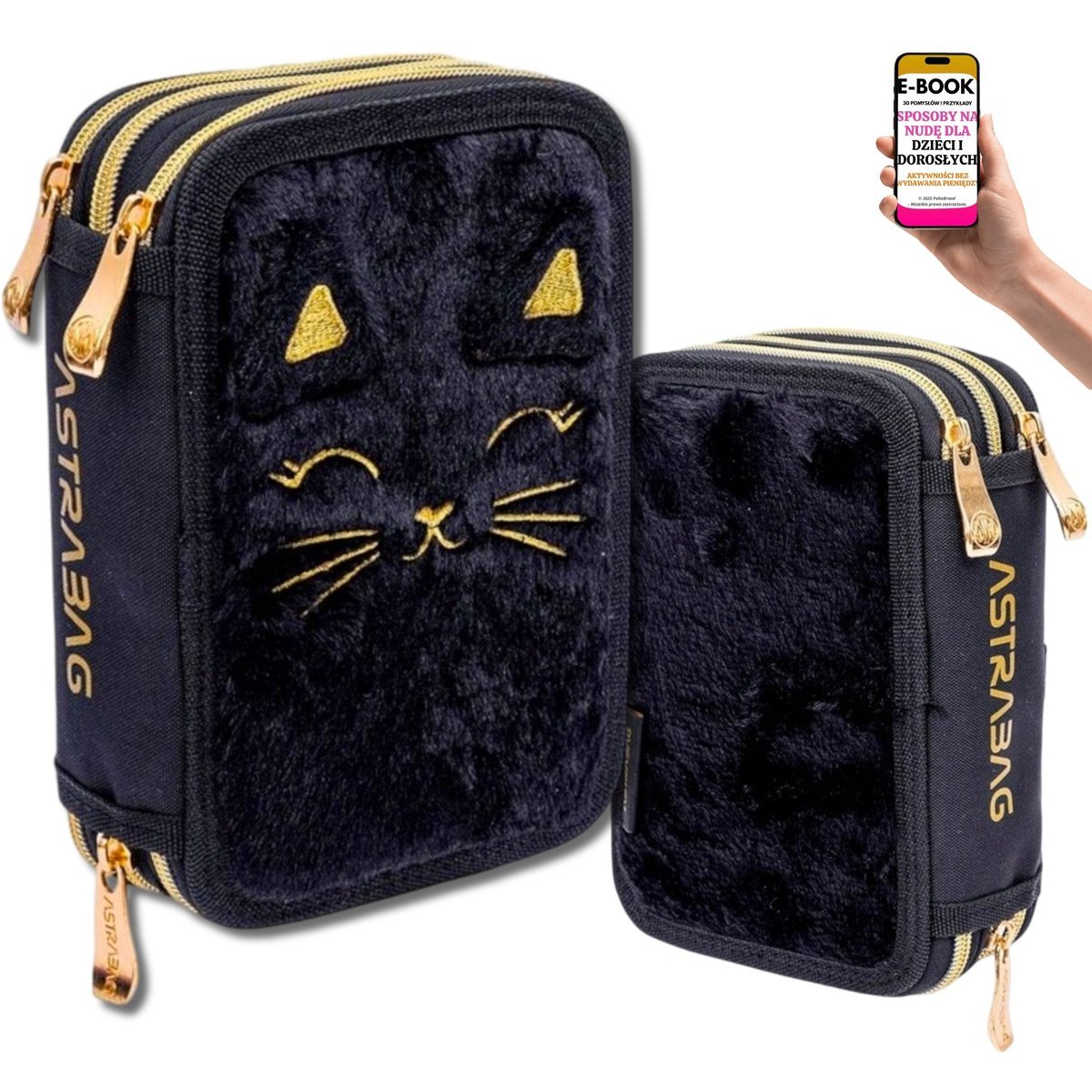 ELEGANCKI PIÓRNIK SZKOLNY ASTRABAG WYPOSAŻENIE 3 KOMOROWY ZŁOTY NAPIS, CZARNY KOT, 3 KOMORY + KREDKI FLAMASTRY + EBOOK-3