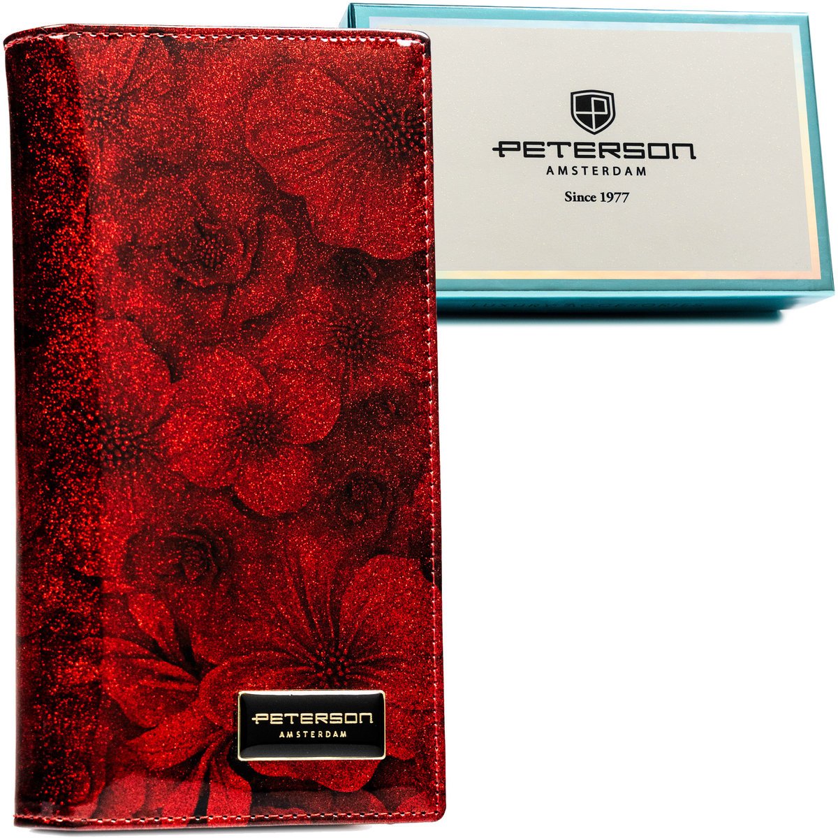 Czerwony portfel damski w kwiaty na magnes i suwak PETRSON lakierowany duży pionowy rozbudowany na karty skóra naturalna i ekologiczna pudełko preze..