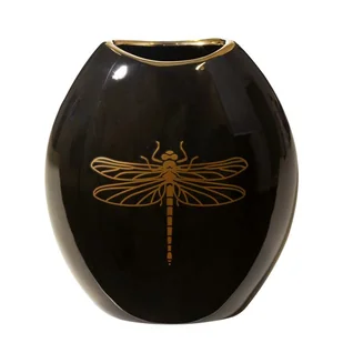 Czarny wazon ceramiczny złoty nadruk ważki 25 cm LORI - Wazony i flakony - miniaturka - grafika 1