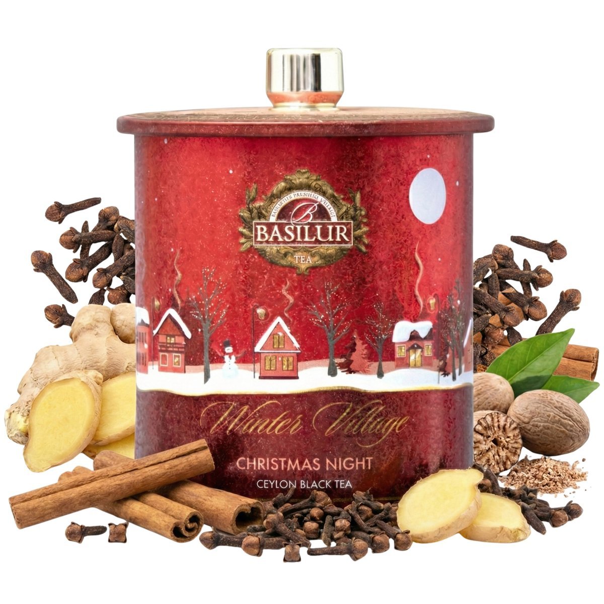 BASILUR Christmas Night ŚWIĄTECZNA czarna herbata LIŚCIASTA, cynamon, goździki, imbir, w metalowej PUSZCE NA PREZENT 100g