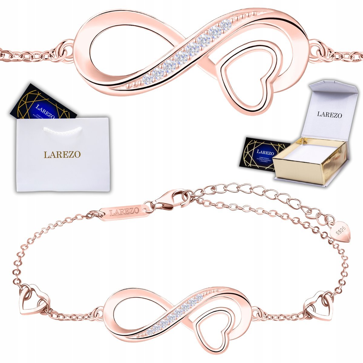 Różowa Bransoletka Nieskończoność Serce Forever Love Cyrkonie SREBRO 925