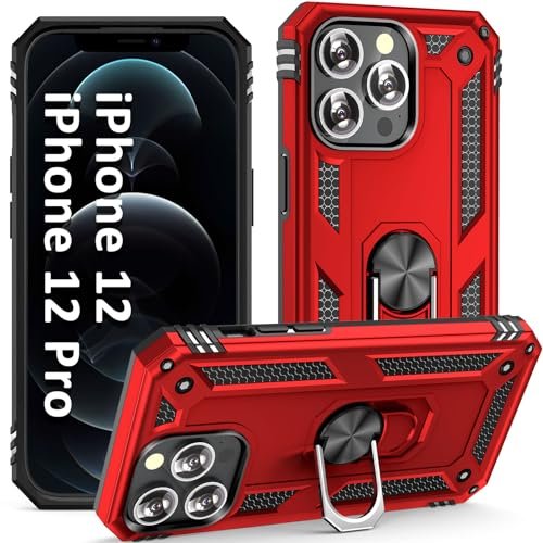 ADDIT Etui na telefon iPhone 12/iPhone 12 Pro, etui ochronne klasy wojskowej iPhone 12 Pro pokrowiec z pierścieniem uchwyt samochodowy podpórka do iPhone'a 12/iPhone 12 Pro 6,1 cala - czerwone