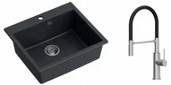 Zlewozmywaki z baterią - Quadron Zlewozmywak granitowy jednokomorowy 57*50*22 cm MORGAN 110 BLACK DIAMOND ze stalowym odpływem z baterią GEMMA Q LINE SLIM z ruchomą wylewką kolor stal szczotkowana/czarny wąż - miniaturka - grafika 1