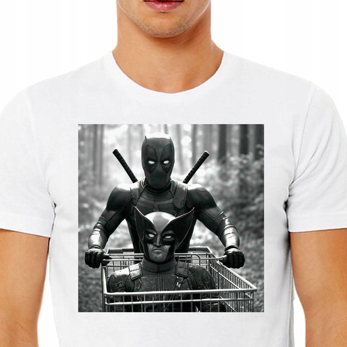 3442 ŚMIESZNA KOSZULKA MĘSKA DEADPOOL PCHAJĄCY WÓZEK WOLVERINE HUMOR XXL