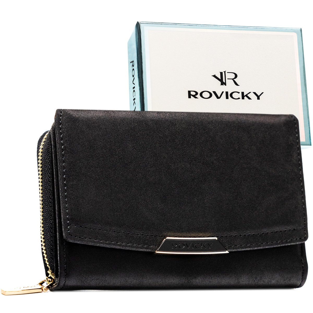 Portmonetka damska na zatrzask i suwak ROVICKY mały portfel karty gotówka ochrona RFID elegancki czarny