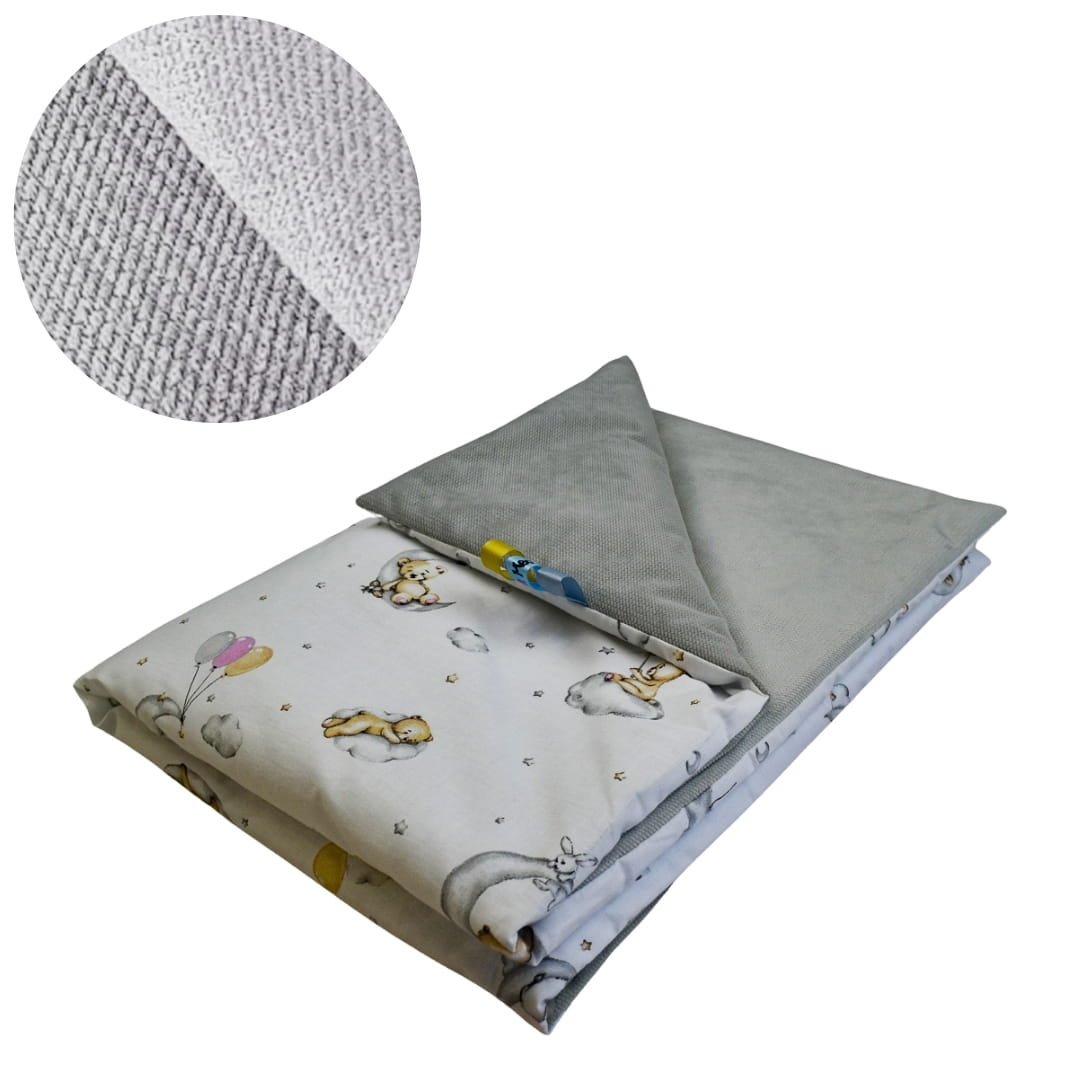 Kocyk Dziecięcy 75x100 Ocieplany Miśki Na Księżycu/Szary Bawełna/Velvet Polski Producent