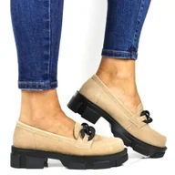 Mokasyny damskie - Damskie Mokasyny Półbuty Ze Skóry Na Grubej Podeszwie Filippo 3221 Beżowe Zamszowe - miniaturka - grafika 1