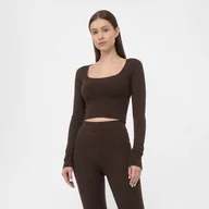 Koszulki sportowe damskie - Damski longsleeve crop-top 4F 4FAW22TLONF092 - brązowy - miniaturka - grafika 1