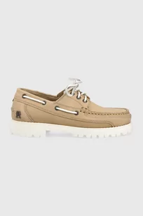 Tommy Hilfiger mokasyny skórzane PREMIUM CLEATED W BOAT SHOE damskie kolor beżowy na płaskim obcasie FW0FW07128 - Mokasyny damskie - miniaturka - grafika 1