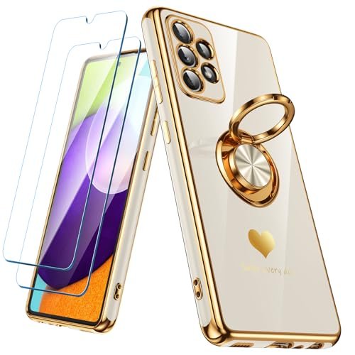 Nonional Etui do Samsung Galaxy A52s 5G/A52 z 2 szt. ochraniaczy ekranu, obracany o 360° uchwyt pierścieniowy [luksusowy wzór w serca] platerowane złotą krawędzią wąskie miękkie etui na telefon Galaxy