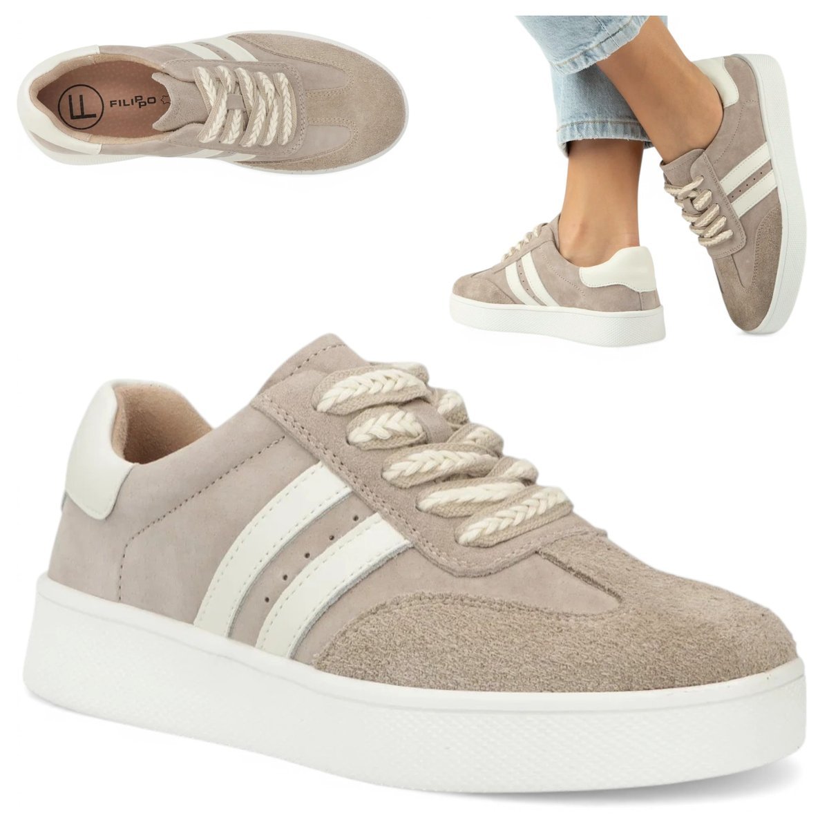 Sneakersy Damskie SKÓRZANE FILIPPO Wiosenne Półbuty Beżowe na Platformie 37