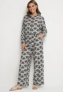 Czarny Wiskozowy Komplet w Etniczny Wzór Koszula i Spodnie Desaviana - Komplety damskie - miniaturka - grafika 1